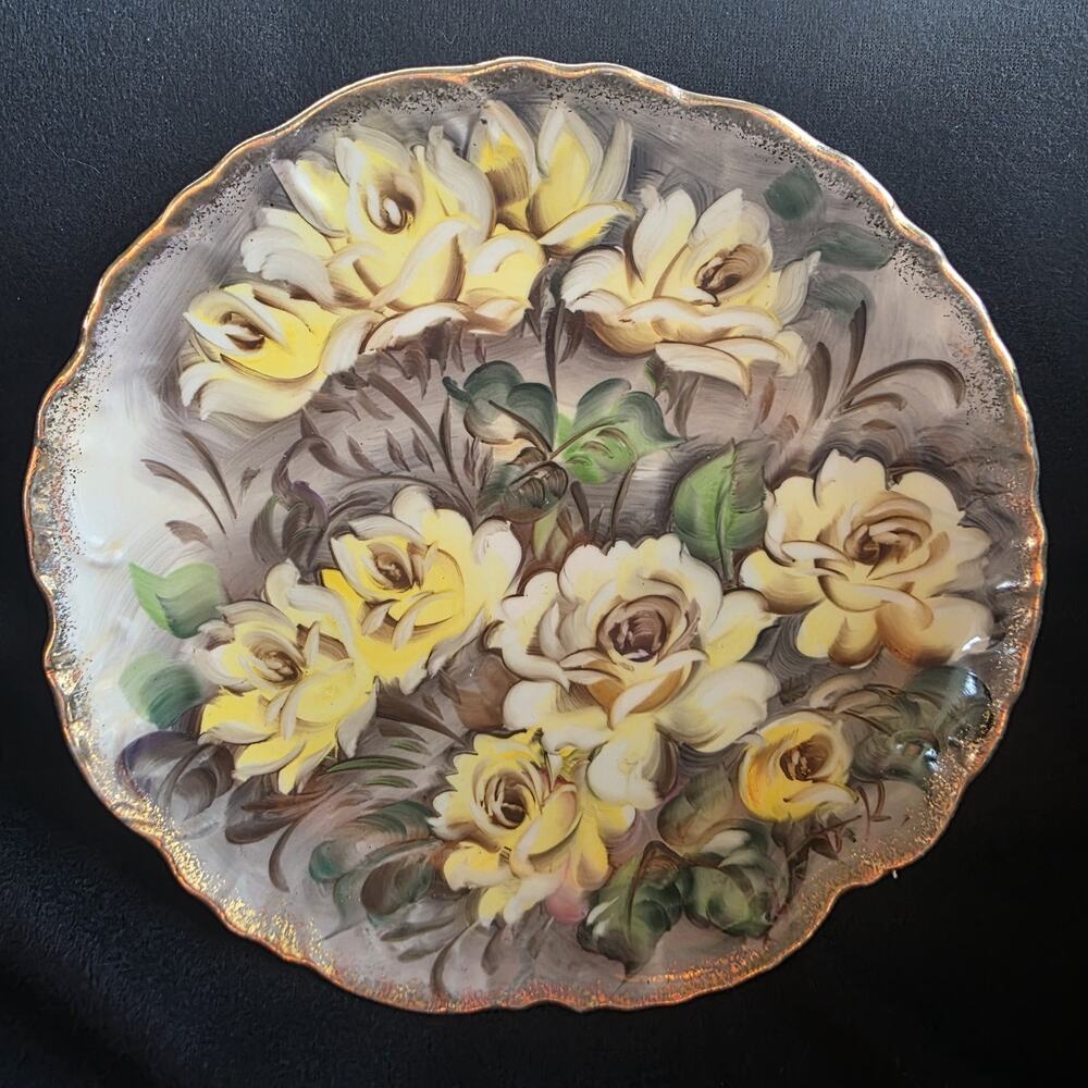 Vintage Ucago Hand Painted Floral Wall Plate Yellow Roses Gold Trim 1950s
